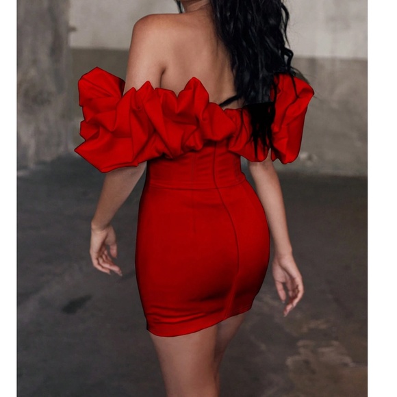 Luxe Red Off Shoulder Puffy Ruffle Bodycon Mini Dress - Picture 2 of 6